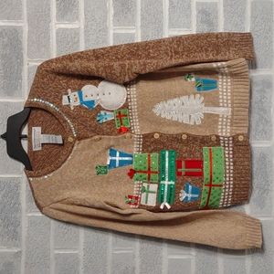 Tiara International Women's Tan/Brown Color Black Christmas Cardigan Size Large